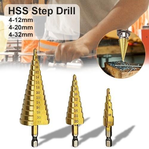 437 -3x Large Hss Steel Step Cone Drill Titanium Bit Set Hole Cutter (4-32 4-20 4-12mm) 437 -3x Large Hss Steel Step Cone Drill Titanium Bit Set Hole Cutter (4-32 4-20 4-12mm)